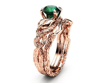 Nature Inspired Emerald Engagement Ring Set 14K Rose Gold Engagement Rings Branch and Wedding Emerald Ring