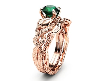 Nature Inspired Branch Lab Grown Emerald Engagement Ring Bridal Set