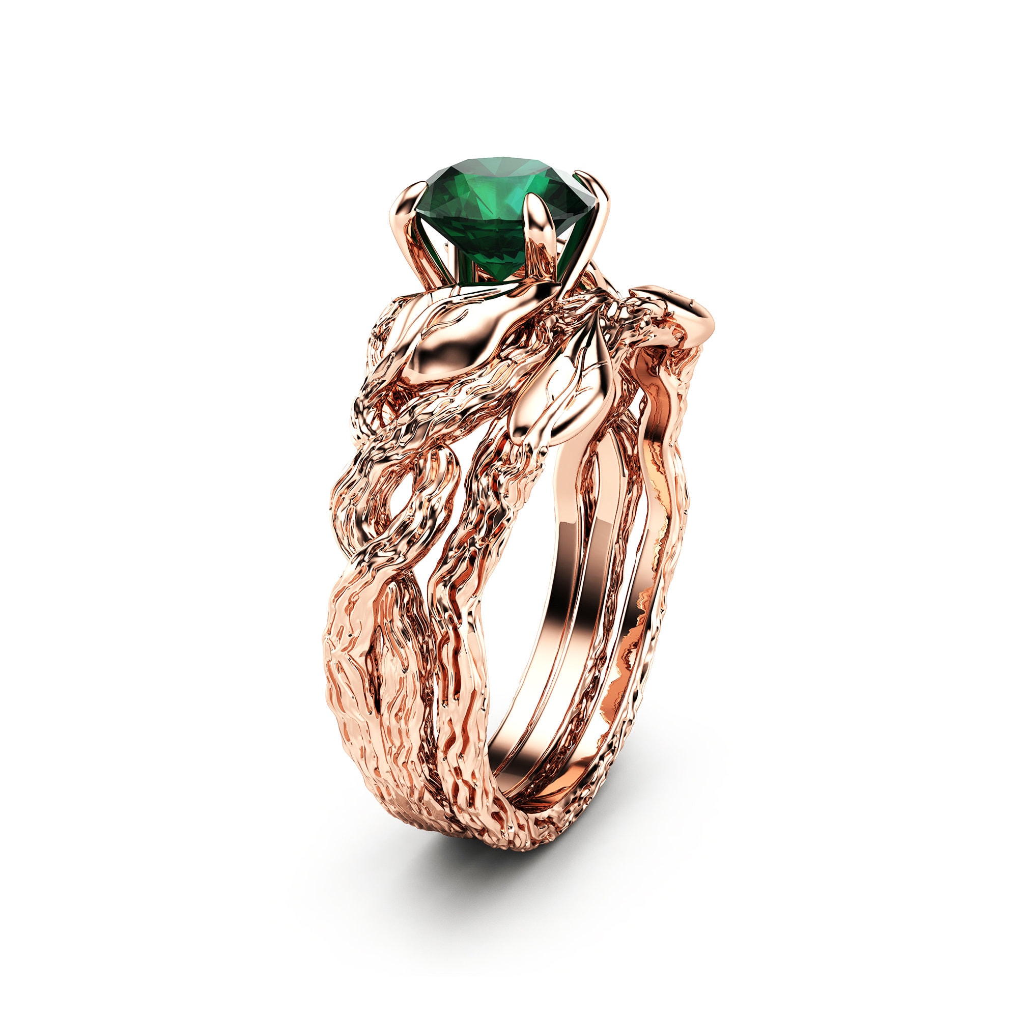 Nature Inspired Emerald Engagement Ring Set 14K Rose Gold Etsy