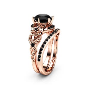 Flower Black Diamonds Engagement Rings 14K Rose Gold Floral Matching ...