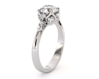 Moissanite Leaf Classic Ring 14K Solid White Gold Engagement Ring Unique Halo Side Diamonds