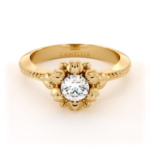 14K Gold Floral Engagement Ring with Lab Diamond and Milgrain Band