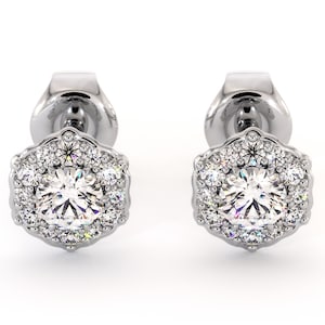 Dainty 14K Gold Lab Diamond Halo Stud Earrings: Round Cut Cluster