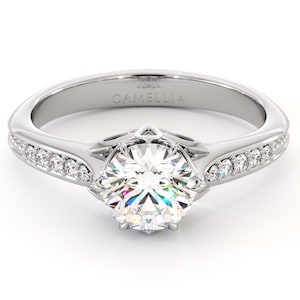 Lab Diamond Engagement Ring with Leaf Crown and Pavé Band Elegant Solitaire Bridal Jewelry Handmade Nature Inspired Gift