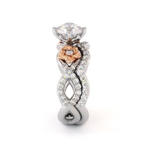 Diamonds Bridal Set 14K White & Rose Gold Rings Unique Flower Ring Set Lab Grown Diamond Ring Wedding Set image 7