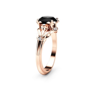 Black Diamond Petal Ring: 14K Rose Gold Flower Engagement Ring