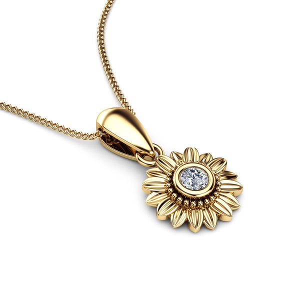 Sunflower Diamond Pendant 14K Yellow Gold Bridal Jewelry Nature Inspired Necklace Anniversary Gift