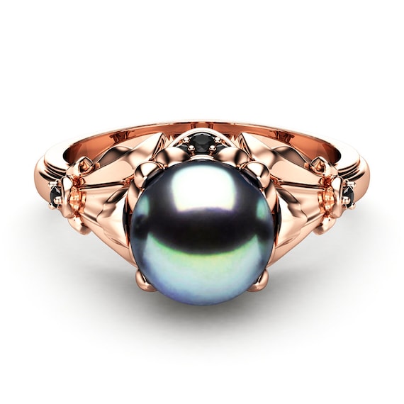 Black Pearl Engagement Ring Rose Gold Ring Leaf Engagement Ring Gold Pearl Ring Etsy Canada