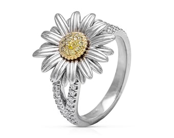 Daisy Flower Ring 14K White Gold Ring with Yellow Diamonds by Camellia Jewelry