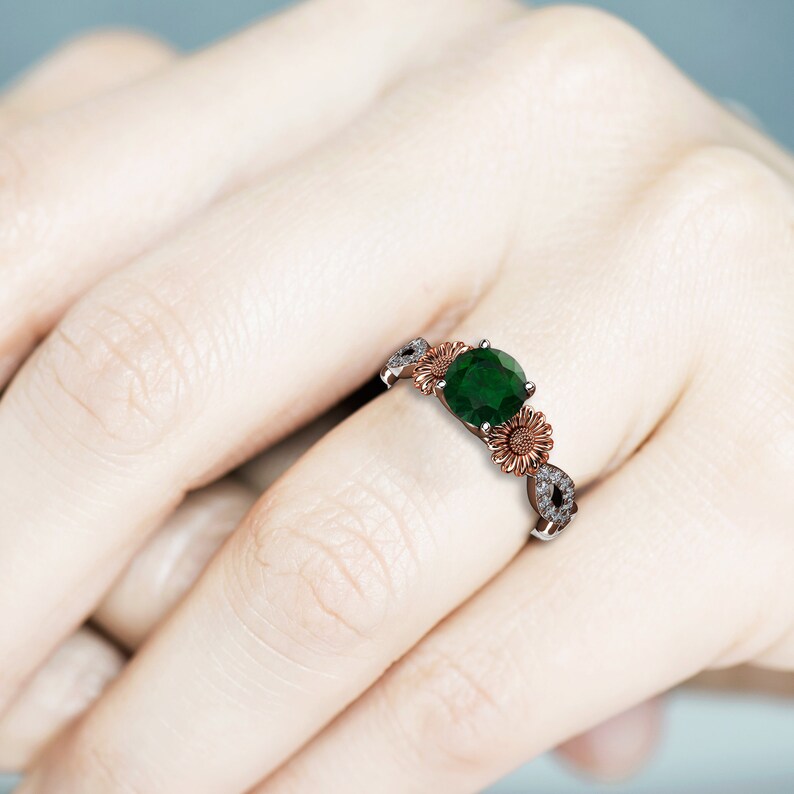 Rose Sunflowers Emerald Ring / Sunflower Ring for Women / Etsy