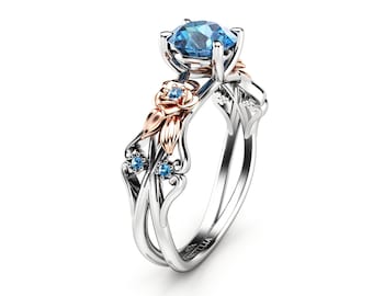 Rose Petal Blue Diamond Engagement Ring White & Rose Gold Ring Gold Diamond Ring