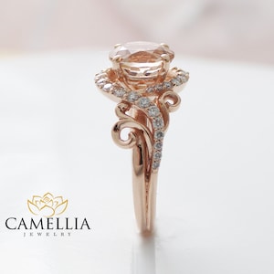 14K Rose Gold Nature Inspired Ring Peach Pink Morganite Engagement Ring image 2