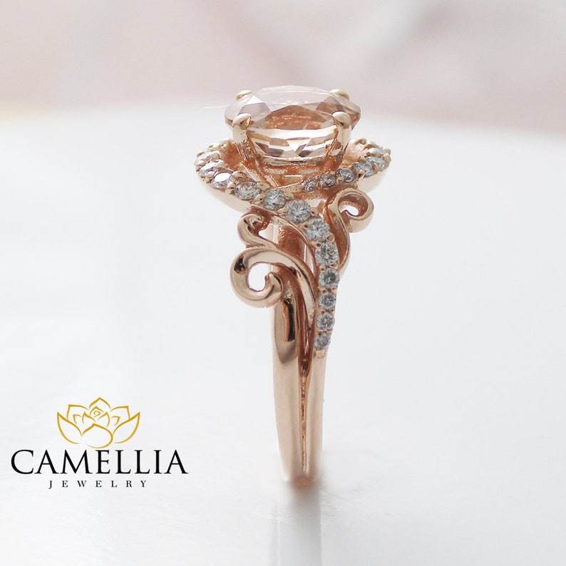 14K Rose Gold Nature Inspired Ring Peach Pink Morganite Engagement Ring image 2