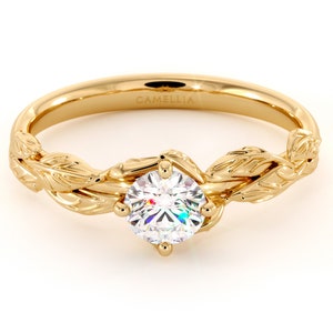 Lab Created Diamond Engagement Ring 14K Yellow Gold Leaf Flower Ring Lab Grown Diamond Engagement Ring image 2