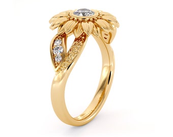 Unique Engagement Ring Natural Diamond Ring 14K Solid Gold Ring Sunflower Engagement Ring Camellia Jewelry