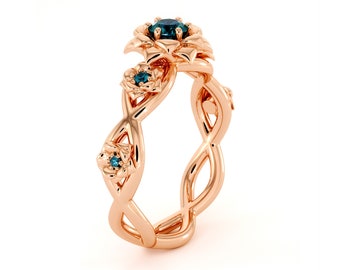 Blue Diamond Engagement Ring 14K Rose Gold Ring Rose Flower Engagement Ring