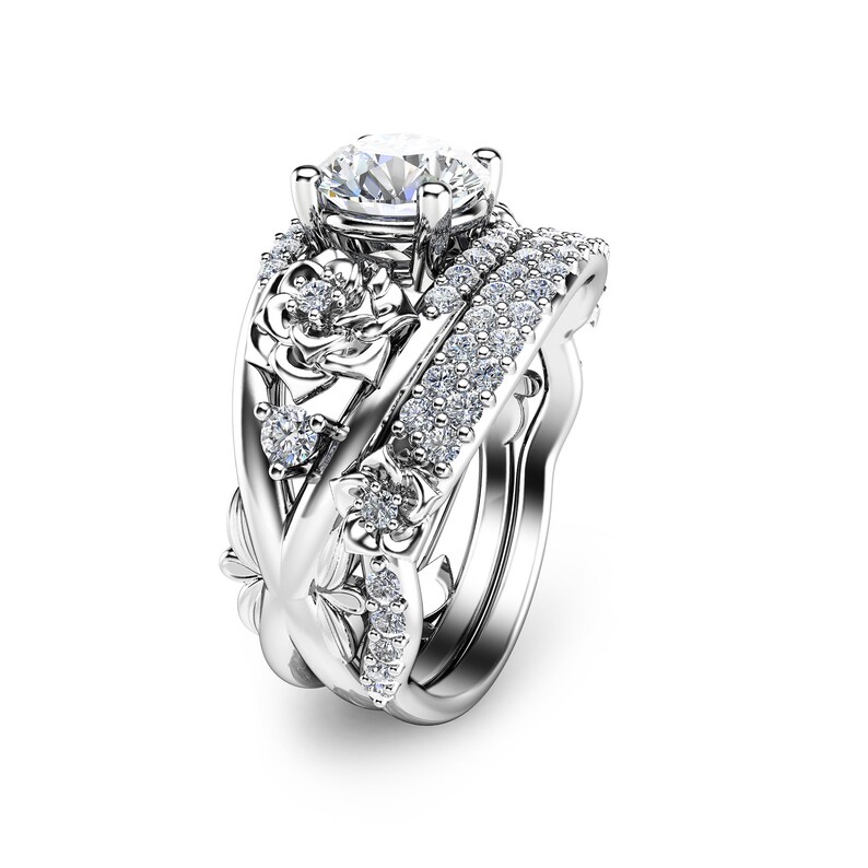 Floral Moissanite Engagement Ring Set 14K White Gold Rings Etsy