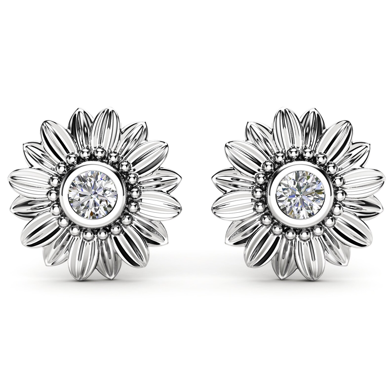 Sunflower Diamond Earrings 14K White Gold Bridal Jewelry Etsy