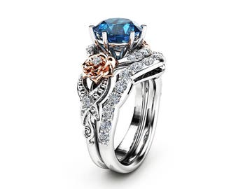 Blue Diamond Engagement Ring Set 14K Two Tone Gold Blue Diamond Engagement Ring