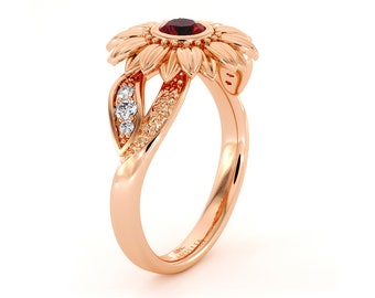 Unique Ruby Engagement Ring Natural Ruby Ring Unique Engagement Ring 14K Rose Gold Sunflower Ring