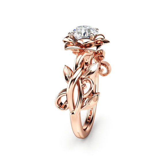 Rose Gold Engagement Ring Solitaire Diamond Ring Leaf Engagement