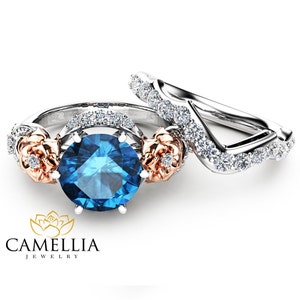 Blue Diamond Engagement Ring Set 14K Two Tone Gold Blue Diamond Engagement Ring image 2