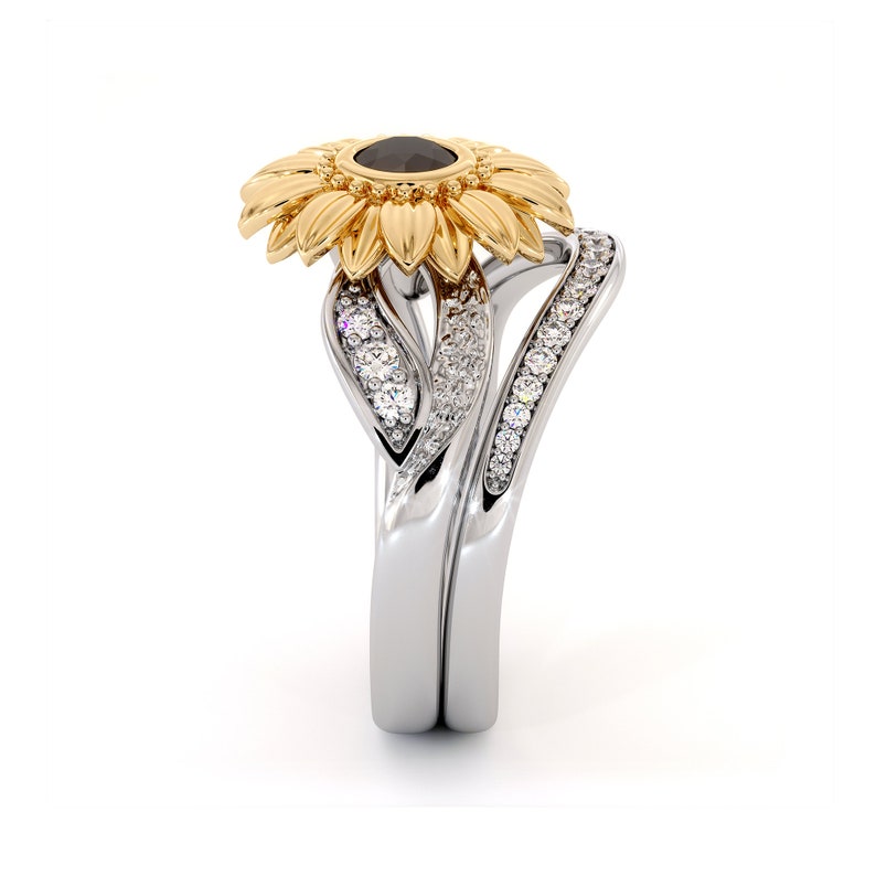 Sunflower Engagement Ring Set Black Diamond Engagement Ring - Etsy