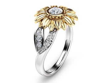 Unique Engagement Ring Natural Diamond 14K Gold Ring Sunflower Engagement Ring Camellia Jewelry