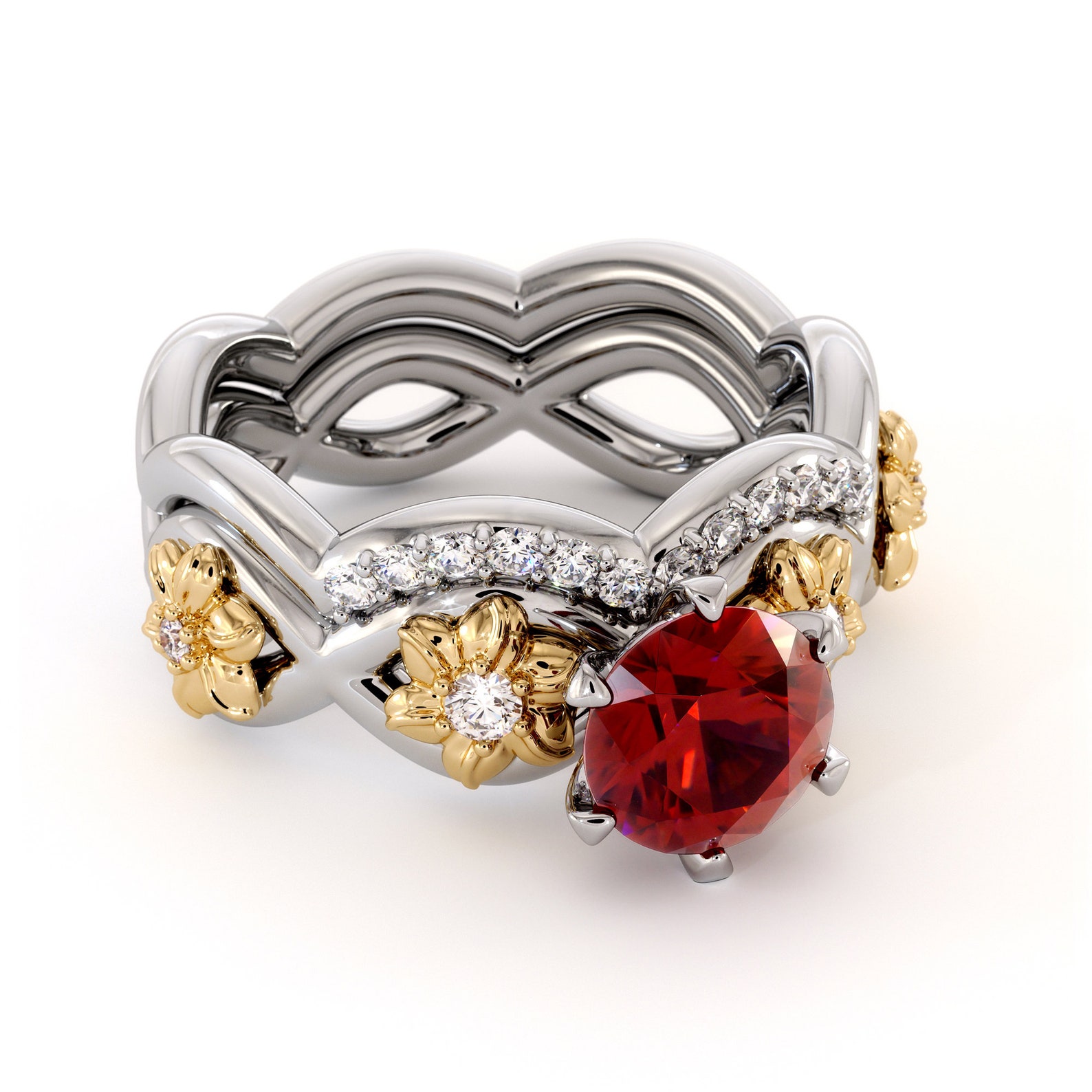 Ruby Engagement Ring White Gold and Yellow Gold 14K Ring Set | Etsy