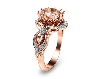 Unique Rose Gold Morganite Ring 14K Rose Gold Engagement Ring Oval Cut Engagement Ring