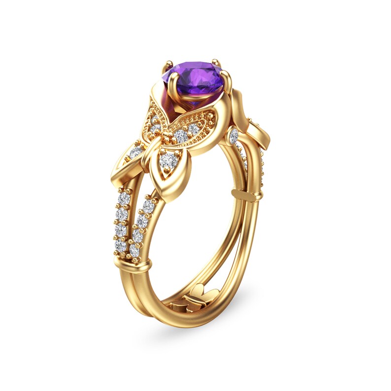 14K Yellow Gold Amethyst Engagement Ring Unique Amethyst Etsy