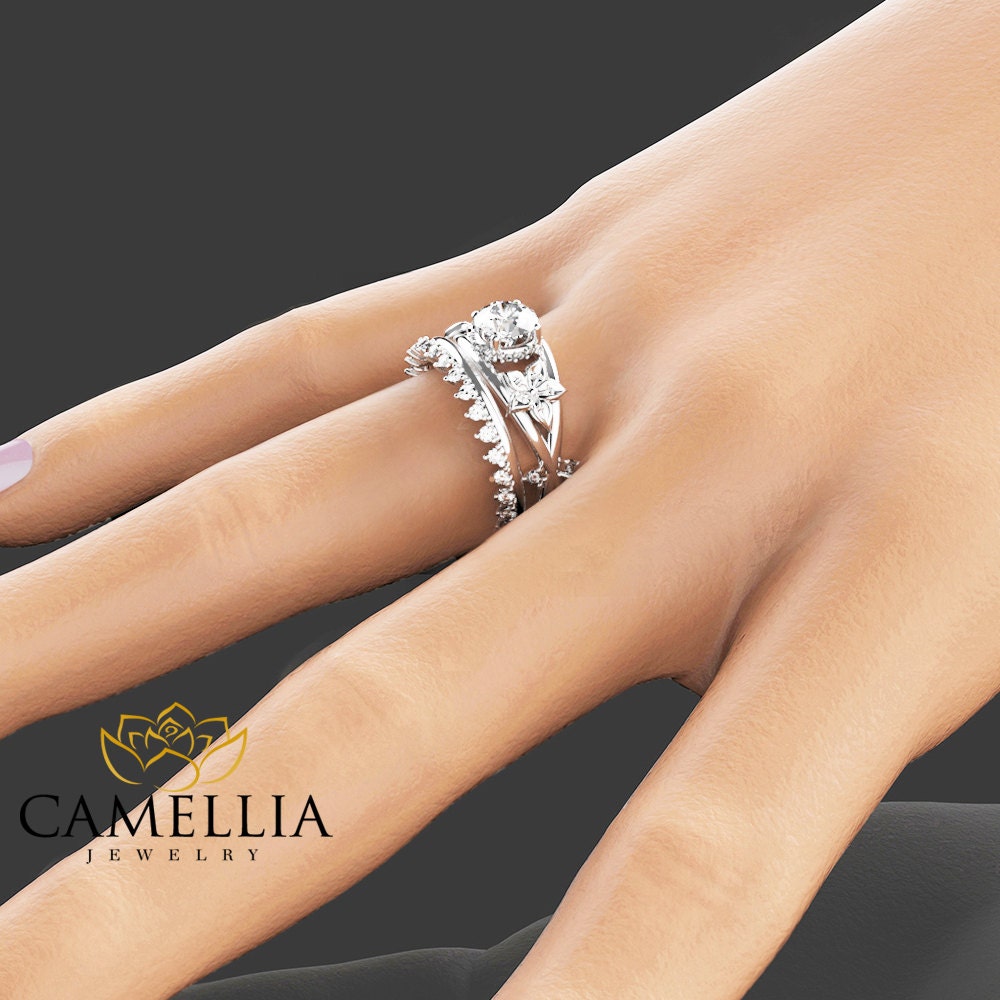 Moissanite Flower Engagement Ring Set 14K White Gold Flower Etsy