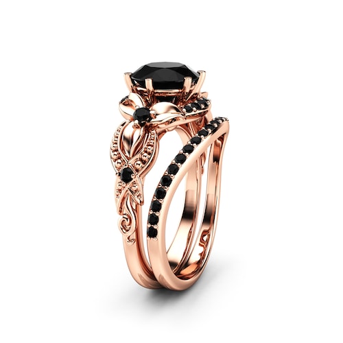 Black Diamond Gold Engagement Ring Set 14K Rose Gold Flower - Etsy