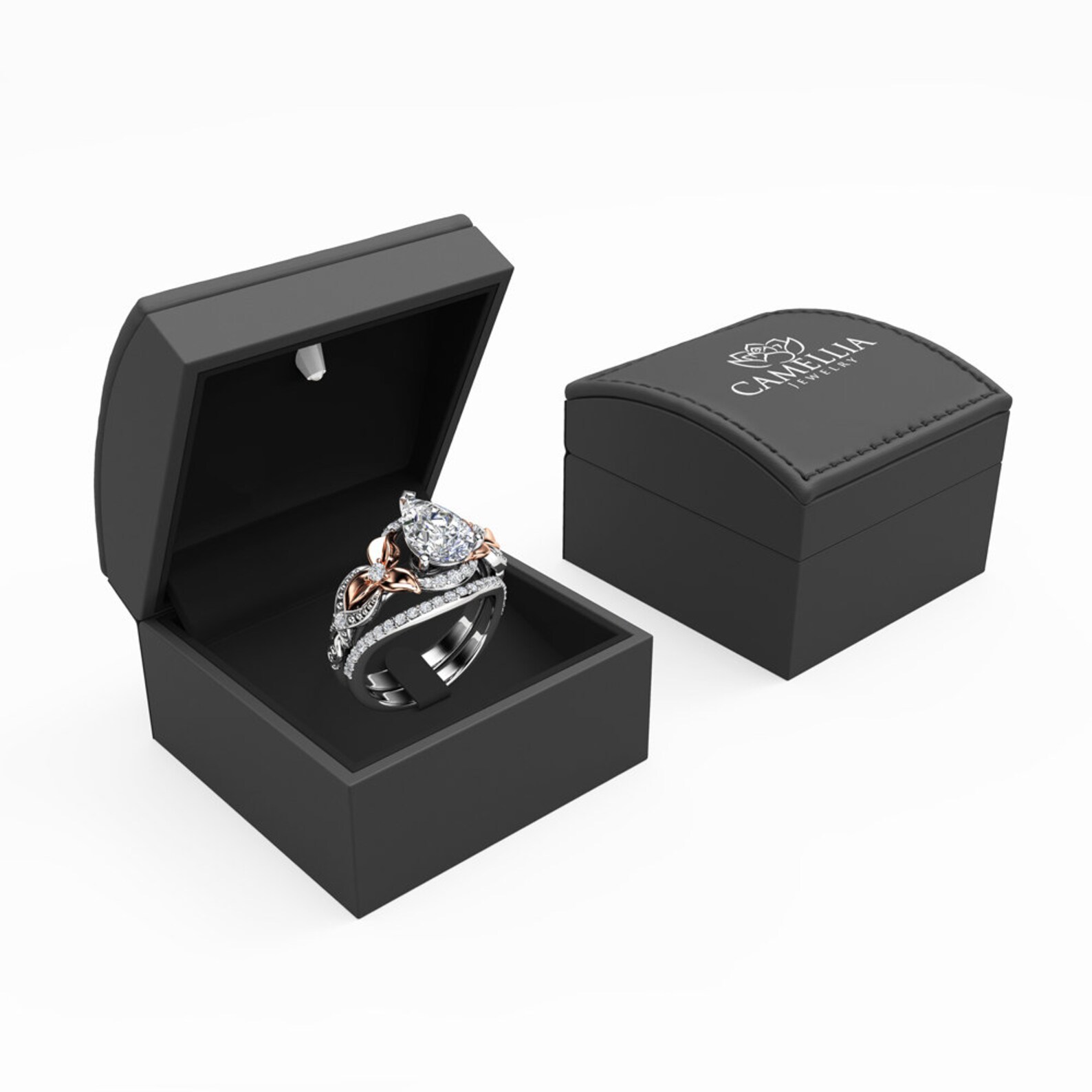 Pear Cut Engagement Ring Set 14K Two Tone Gold Floral Rings Etsy