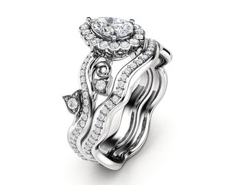 Pear Shaped Diamond Engagement Ring Halo Engagement Ring Set 14K White Gold Rings