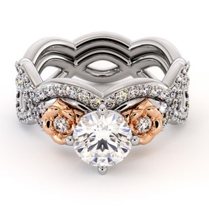 Diamonds Bridal Set 14K White & Rose Gold Rings Unique Flower Ring Set Lab Grown Diamond Ring Wedding Set image 4