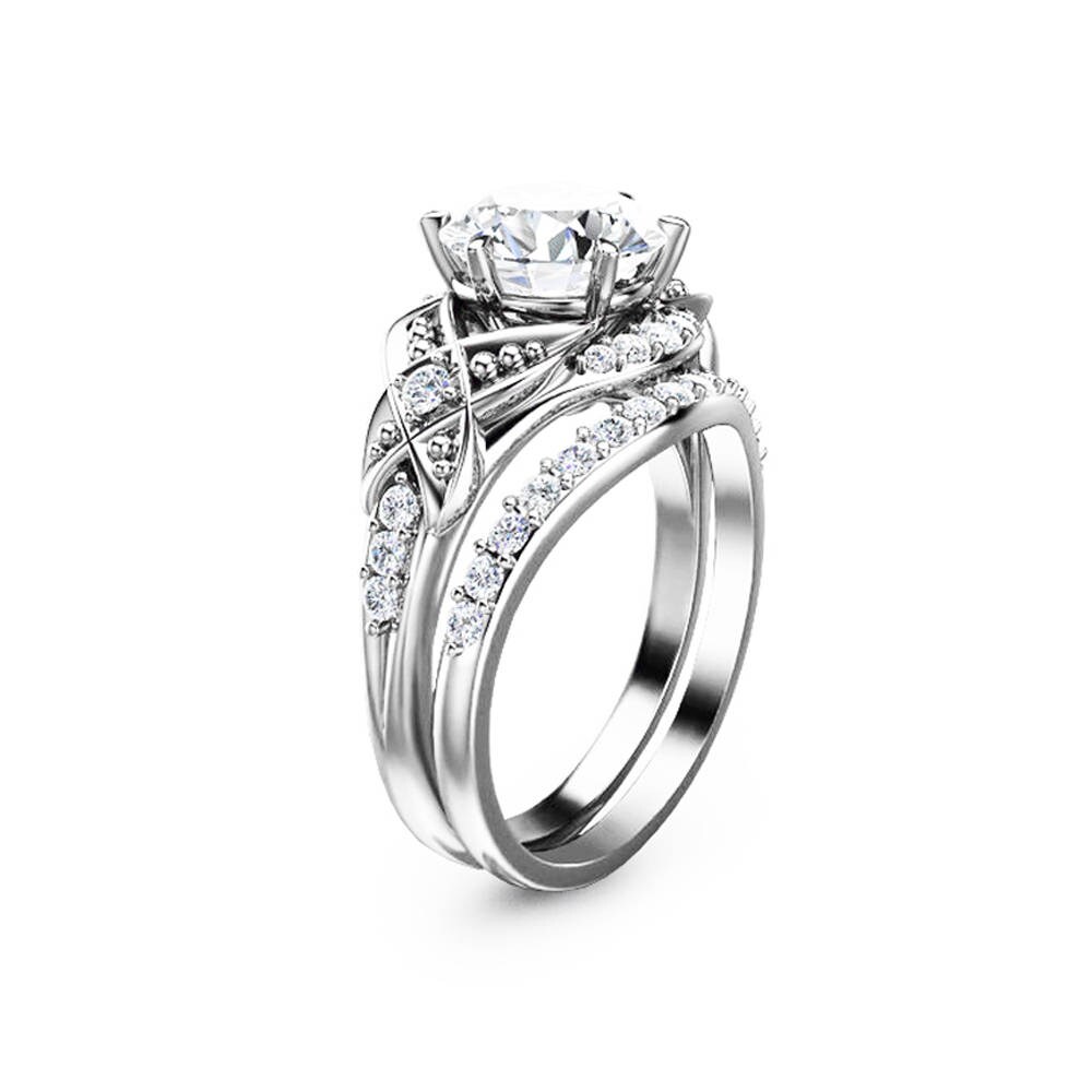 Vintage Engagement Ring Set 14K White Gold Engagement Rings Etsy