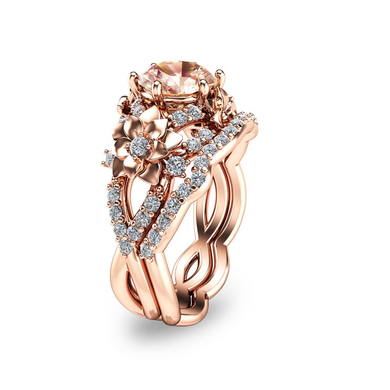 14K Rose Gold Bridal Set Floral Design Wedding Ring Etsy