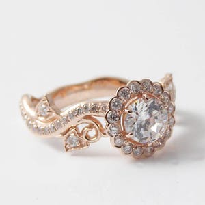 White Sapphire Engagement Rings Rose Gold Diamond Proposal Ring Unique Anniversary Ring