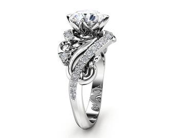 Art Nouveau Diamond Engagement Ring 14K White Gold Ring Round Cut Lab Diamond Engagement Ring