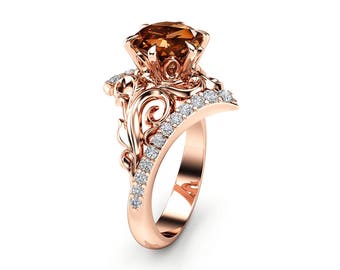 Fancy Brown Natural Diamond Ring 14K Rose Gold Leaf Ring Brown Diamond Engagement Ring