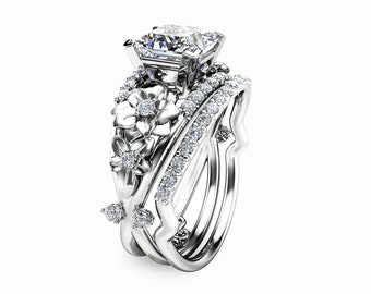 Floral Moissanite Engagement Ring Princess Cut Moissanite Ring 14K White Gold Engagement Ring with Matching Band