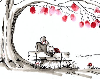 Wedding tree "Happily ever after" original illustration- fingerprint- alternative guest book
