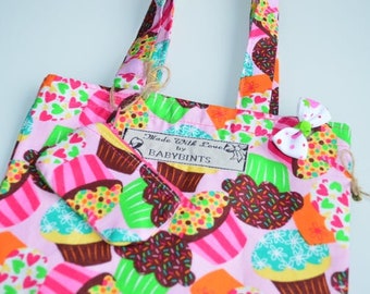 Cupcake Design mini tote tas, portemonnee en haar boog, boek tas, kinderboek tas, BabyBints tas, katoen tote tas