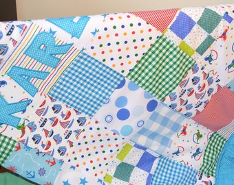 Personalised Baby Blanket, Patchwork Baby Blanket, Handmade Baby Blanket, Cotton Handmade Baby Blanket, Unisex Cotton Baby Blankey, Blue