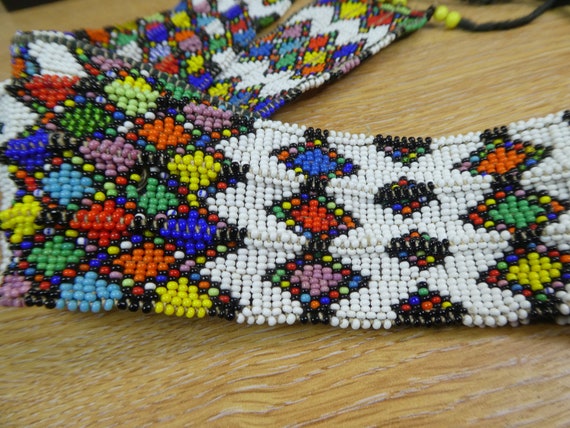 Handmade micro seed bead belt with fringe black, green, white vintage wrap belt Unique Vintage Black Fringe Belt / Leaf Beaded Retro Wrap  main image 2
