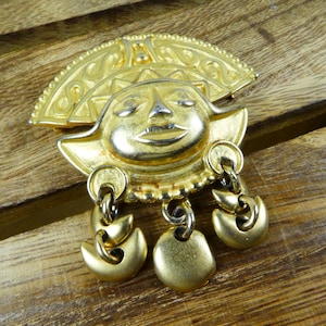 Gorgeous Vintage Aztec / Inca / Mayan style face brooch, large, beautiful!