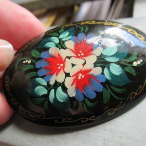 Vintage signed Russian Papier Mache lacquer hand painted brooch.