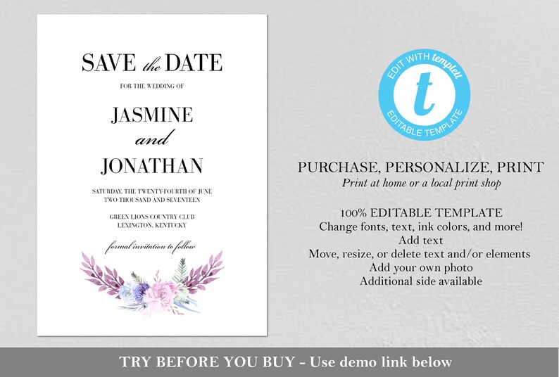 EDITABLE Watercolor Bouquet Save the Date Invitation Purple Save the Date PDF Printable Save the Date Instant Download Floral Wreath