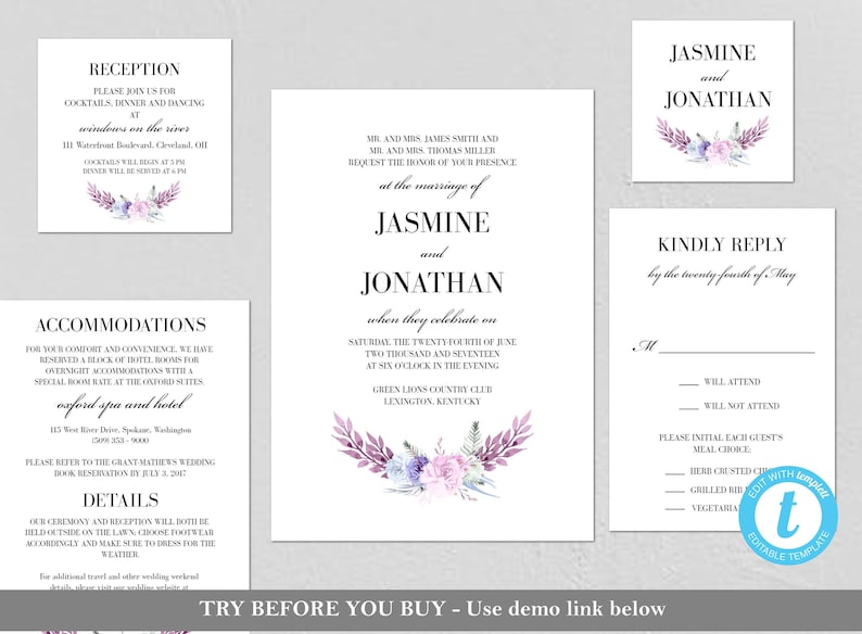 EDITABLE Watercolor Bouquet Save the Date Invitation Purple Save the Date PDF Printable Save the Date Instant Download Floral Wreath